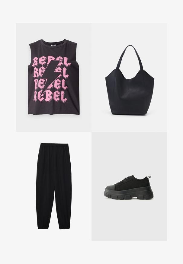 Črna brezrokavna bombažna majica z ponovljenim roza napisom "REBEL" in roza grafiko strele na sredini. Gladka tekstura.; Črne, lahke hlače z elastičnim pasom in nabranimi gležnji. Tkanina je gladka in ima sproščen, taperiran dizajn.; Črne teniske z debelim gumijastim podplatom, zgornji del iz teksturirane tkanine, okrogla punta in zavezovanje z vrvicami. Vključujejo ojačane luknje za vrvice in zanko na hrbtu.; Črna torba v obliki tote iz gladke usnjene površine, ki ima ukrivljen odprt vrh z dvema naramnicama in minimalističnim dizajnom.