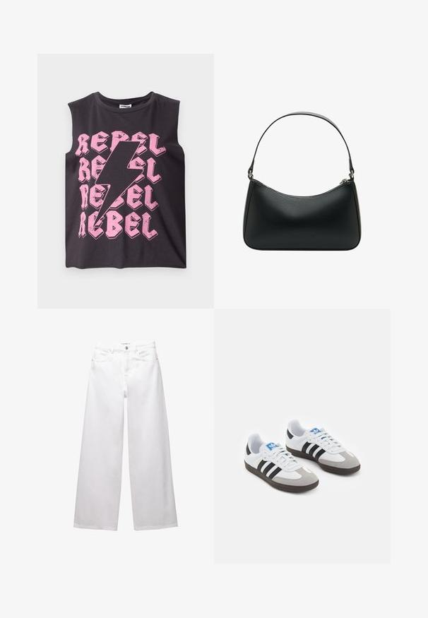 Crna majica bez rukava od pamuka s ponovljenim ružičastim natpisom "REBEL" i ružičastim grafičkim motivom munje u središtu. Glatka tekstura.; Bijele traperice širokih nogavica izrađene od denima. Imaju kopčanje na dugme, prednje i stražnje džepove, te šavove. Glatka tekstura s minimalističkim detaljima.; Sportske cipele s gornjištem od bijele kože, sivi suedinasti nos i tri crne pruge. Imaju plavi logo na jeziku i teksturiranu gumenu podlogu.; Crna kožna torba za rame sa zakrivljenim oblikom, jednom ravnom trakom i gornjim zatvaračem na patentni zatvarač. Glatka tekstura s minimalnim detaljima hardvera.