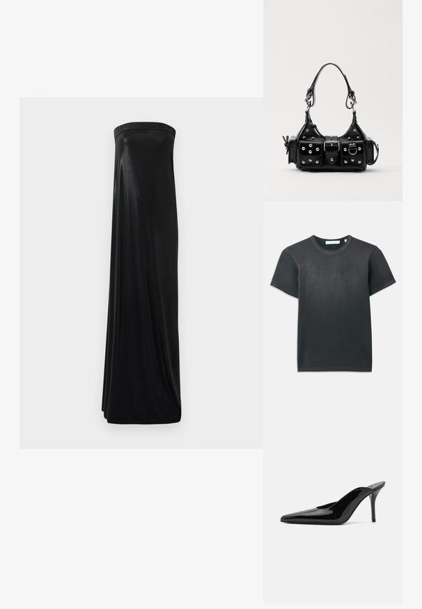 Camiseta de algodón negra de manga corta, con cuello redondo acanalado y logo en relieve "HELMUT LANG" en el frente. Textura suave.; Vestido maxi negro sin mangas, hecho de una tela suave y brillante. Presenta un corsé ajustado y una silueta fluida, llegando hasta el suelo sin adornos.; Mule de charol negro con tacón alto, punta afilada y una silueta elegante, con un escote abierto en la parte posterior y un tacón de aguja delgado.; Bolso de mano de cuero negro con un diseño curvado, que cuenta con tachuelas plateadas, una hebilla y dos bolsillos laterales. Correa ajustable para opciones de transporte.