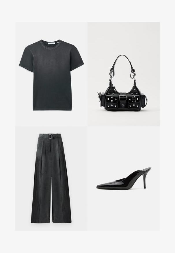 Black cotton t-shirt with short sleeves, featuring a ribbed crew neckline and embossed "HELMUT LANG" logo on the front. Smooth texture.; Black blouse with a stand-up collar, long sheer sleeves, bow tie detail at the neck, made of smooth satin fabric, front button closure.; Wide-leg trousers in dark gray, featuring a smooth texture, pleats, and a belt with a silver buckle at the high waist.; Black patent leather high-heeled mule with a pointed toe and a sleek silhouette, featuring an open back and a slender stiletto heel.; Black leather handbag with a curved design, featuring silver studs, a buckle, and two side pockets. Adjustable strap for carrying options.