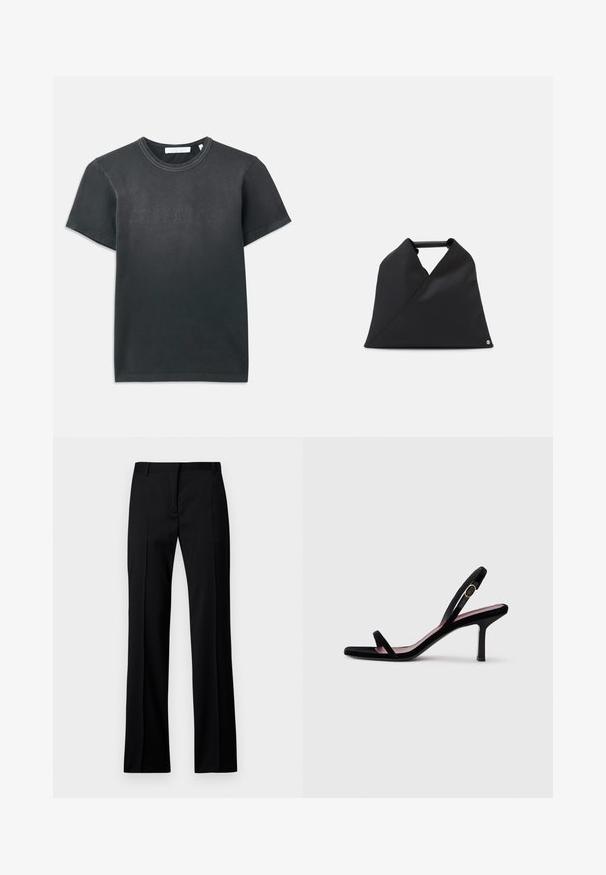 Black cotton t-shirt with short sleeves, featuring a ribbed crew neckline and embossed "HELMUT LANG" logo on the front. Smooth texture.; Black straight-leg trousers in smooth fabric, featuring a flat front, belt loops, and no visible pockets or embellishments.; Black suede women's high-heeled sandal with slim straps and a gold buckle on a white background, side view.; Black leather bag featuring an asymmetrical design with a textured surface. It has a simple handle and a subtle logo accent.