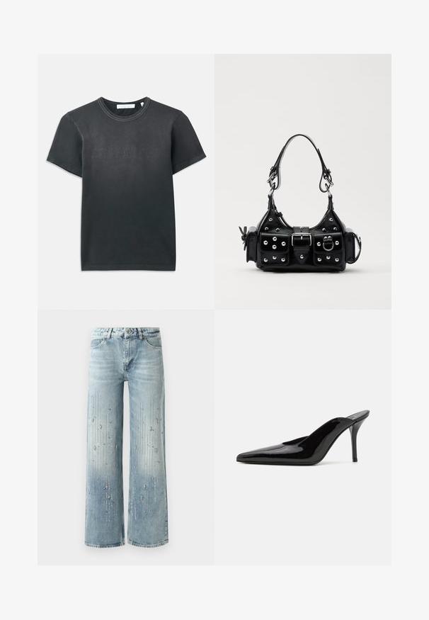 Melnas kokvilnas t-krekls ar īsām piedurknēm, ar ribotu apaļu kakla izgriezumu un reljefu "HELMUT LANG" logotipu priekšpusē. Gluda tekstūra.; Gaiši zilas platās kājas džinsus, kas izgatavoti no denima, ar gradienta krāsu efektu un rotājumiem no sudraba rhinestones vertikālā rakstā.; Melnas patentētas ādas augstpapēžu muļlas ar smailu purngalu un gludu siluetu, ar atvērtu aizmuguri un slaidu stiletto papēdi.; Melnas ādas rokturmais ar izliekumu, ar sudraba iedurtiem, sprādzi un divām sānu kabatām. Regulējams siksniņas garums dažādām nēsāšanas iespējām.