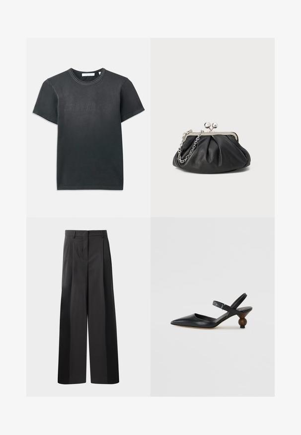 Černé bavlněné tričko s krátkými rukávy, které má žebrovaný kulatý výstřih a embosované logo "HELMUT LANG" na přední straně. Hladká textura.; Černé kalhoty širokého střihu s vysokým pasem, které mají přední sklady, hladký povrch a upravený vzhled. Navrženy pro volný střih.; Černé kožené sandály s úzkým páskem kolem kotníku, špičatou špičkou, zakřiveným designem a kulatým podpatkem připomínajícím dřevo.; Černá kožená kabelka s nabíranou texturou, stříbrný kovový rám, uzávěr na klips a řetízkový popruh. Hladký, jemný povrch.