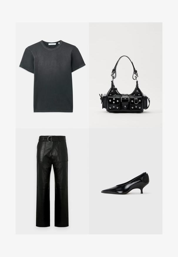 Juodas medvilnės marškinėliai trumpomis rankovėmis, su kassiniu apykakle ir iškeltu "HELMUT LANG" logotipu priekyje. Lygus paviršius.; Aukštos juosmens juodos odinės kelnės su plačiomis kojomis, dideliais priekiniais kišenėmis ir atitinkamu diržu su dvigubu žiedu.; Juodas odinis aukštakulnis batelis su smailiu nosiu, žemu kulnu, elegantišku dizainu ir lygiu paviršiumi. Žymi slip-on stilius be matomų detalių.; Juodas odinis rankinukas su kreiviu dizainu, su sidabro spalvos knopkėmis, užsegimu ir dviem šoninėmis kišenėmis. Reguliuojama dirželis nešimui.