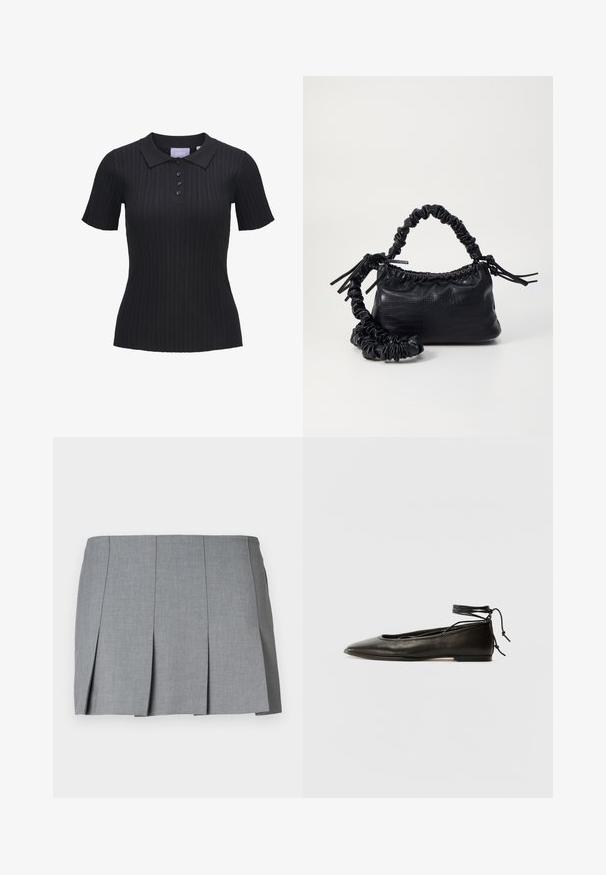 Juodas vulkanizuotas polo marškinėliai su trumpomis rankovėmis, turi apykaklę ir penkių mygtukų rankovą. Pagaminta iš tekstūruotos medžiagos.; Pilka plisuota sijonas, pasižymintis lygiu paviršiumi, struktūrine forma ir prigludusia juosmens linija. Pagamintas iš lengvos medžiagos su švelniu raštu.; Juodi odiniai balerinų bateliai su smailiu pirštu, kulkšnies raiščiu ir plokščiu padu, pasižymintys lygiu paviršiumi ir minimalizmo dizainu.; Juodas dirbtinės odos rankinė su krokodilo tekstūra, sušnibždinta viršuje ir susikraipytu dirželiu. Atrodo minkšta ir kompaktiška.
