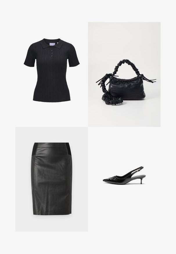 Črna rebrasta polo majica s kratkimi rokavi, ki ima ovratnik in pet gumbov. Narejena je iz teksturirane tkanine.; Črnen usnjen svinčnik krilo s prilegajočim dizajnom, gladko teksturo in elastičnim pasom z dodatki na obeh straneh. Raven rob na dnu.; Črne usnjene sandalke s trakcem za peto, z ostrim sprednjim delom, nizkim petkom in naborkom na zgornjem delu. Gladek tekstura in minimalističen dizajn.; Črna torbica iz umetnega usnja s krokodilovo teksturo, z zvitim vrhom in zmečkano naramico. Zdi se mehka in kompaktna v oblikovanju.