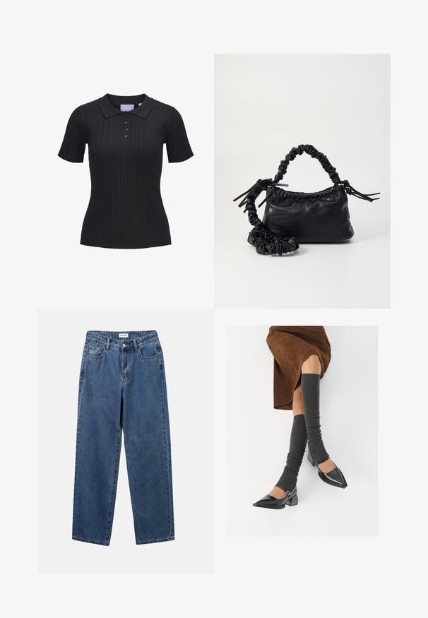 Svart ribbet polo skjorte med kortermet, med krage og fem-knappers knappestolpe. Laget av et teksturert stoff.; Klassiske blå denimjeans med rett ben-design, fem lommer og knappelukking. Har en middels vask og solid tekstur.; Sorte lakkpumps med spiss tå, blokkhel, og ankelstropp, kombinert med grå ribbestrikkede beinvarmere og et brunt semsket skinn skjørt.; Svart faux skinn-håndveske med krokodilletekstur, strammet topp og en rynket stropp. Ser myk og kompakt ut i designen.