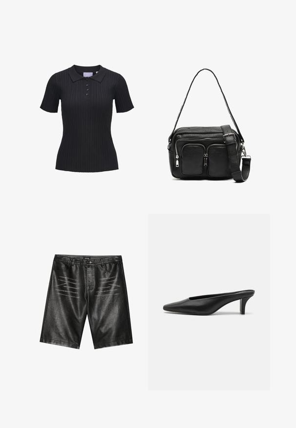 Must have lühikeste varrukatega must ribaga polo-särk, millel on krae ja viie nööbiga rida. Valmistatud tekstuurilisest kangast.; Mustad kunstnahast šortsid, millel on sile tekstuur, viis taskut ja peened triibud ees. Klassikaline sirge lõike disain.; Mustadast mustad nahast teravatipulised mules madala stilletokontsaga. Sile tekstuur, minimalistlik disain ja avatud selg mugavaks selga panemiseks.; Musta nahast ristisukav käekott kahe esiseina lukuga tasku, struktureeritud kuju, reguleeritav rihm ja tekstureeritud pind.