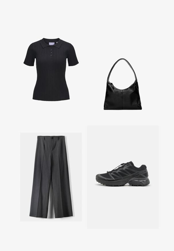 Fekete bordázott pólóing rövid ujjakkal, gallérral és öt gombos gombolással. Textúrált anyagból készült.; Széles szárú nadrág sötétszürke anyagból, gombos záródással, elülső redőkkel és övhurkokkal. Simára kialakított textura, igényes szabással.; Fekete futócipő hálós és szintetikus felsőrésszel, rugalmas talppal és elasztikus fűzőkkel. Párnázott középtalppal rendelkezik a kényelem érdekében.; Fekete bőr válltáska sima textúrával, ívelt tetővel és egyetlen pánttal. Cipzáras záródással és minimalista dizájnnal rendelkezik.