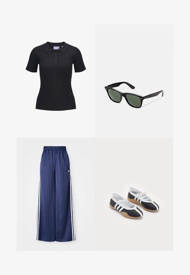 Črna rebrasta polo majica s kratkimi rokavi, ki ima ovratnik in pet gumbov. Narejena je iz teksturirane tkanine.; Temno modri široki hlače z navpičnimi belimi črtami, elastičen pas in tri bele črte ob strani, izdelane iz lahkega materiala.; Črne in bele športne copate s sleek oblikovanjem, gumijastim podplatom, zapenjanjem na vezalke in tremi belimi črkami ob straneh.; Črne plastične sončna očala z zelenimi lečami, kvadratni okvirji, srebrni detajl na obrvi in teksturirani ročaji. Blagovna znamka navedena na notranji strani ročaja.
