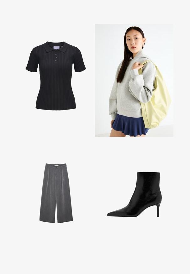 Černé žebrované polo tričko s krátkým rukávem, se stojáčkem a pěti knoflíky. Vyrobeno z texturované látky.; Přehnuté kalhoty s širokými nohavicemi v tmavě šedé tkanině s jemnou texturou. Obsahují zapínání na knoflík a klasický design pasu.; Černá kotníková bota s špičatou špičkou, vyrobená z lesklé kůže. Disponuje stiletto podpatkem a hladkým povrchem. Žádné viditelné ozdoby.; Šedá oversized mikina s klokaní kapsou, spárovaná s námořnickou áčkovou sukní. Doplňky: velký světle žlutý batoh s hladkým povrchem.