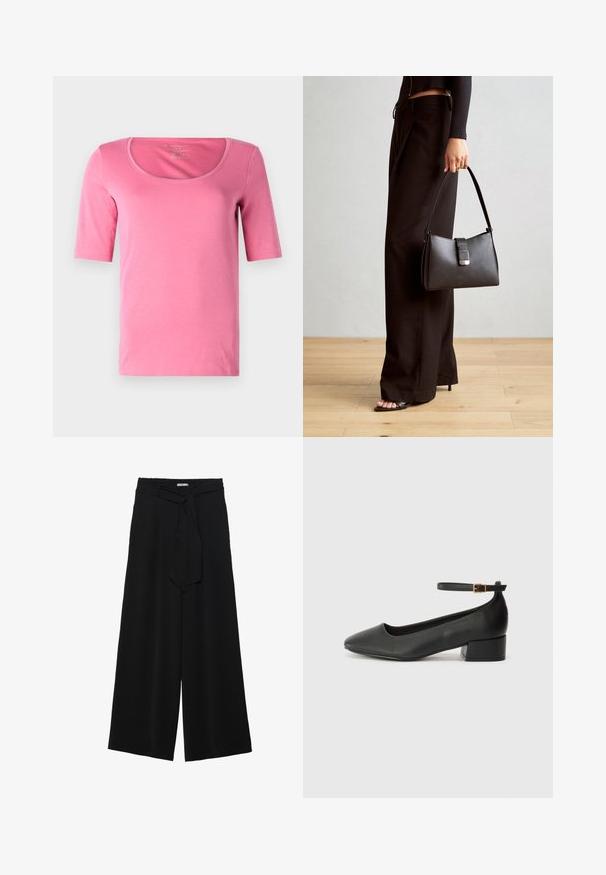 Ružová krátkoplejáko tričko s okrúhlym výstrihom a hladkou textúrou, s priliehavým strihom a bez viditeľných vzorov alebo akcentov.; Čierne široké nohavice s textúrovanou tkaninou, elastickým pásom a odnímateľným viazaním na páse pre nastaviteľné priliehanie.; Čierne kožené lodičky s špicatou špičkou a nízkym blokovým podpätkom. Obsahuje remienok okolo členka so zlatým prackou. Hladký povrch.; Čierna kabelka so štruktúrovaným tvarom, hladkou textúrou a kovovou sponou. V kombinácii so širokými čiernymi nohavicami a sandálmi s otvorenou špičkou na drevenej podlahe.