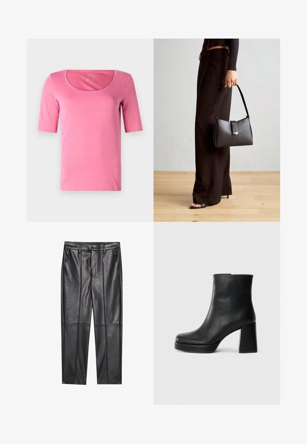 T-shirt rosa de manga curta com decote em forma de barco e textura suave, apresentando um corte ajustado e sem padrões ou acentos visíveis.; Calças de pele preta com uma textura suave, apresentando um ajuste reto, dois bolsos frontais e detalhes de costura visíveis.; Bota de couro preta até ao tornozelo com salto bloco e sola com plataforma, vista de lado sobre um fundo branco liso.; Bolsa preta com forma estruturada, textura suave e um fecho metálico. Combinada com calças largas pretas e sandálias de salto aberto sobre um chão de madeira.