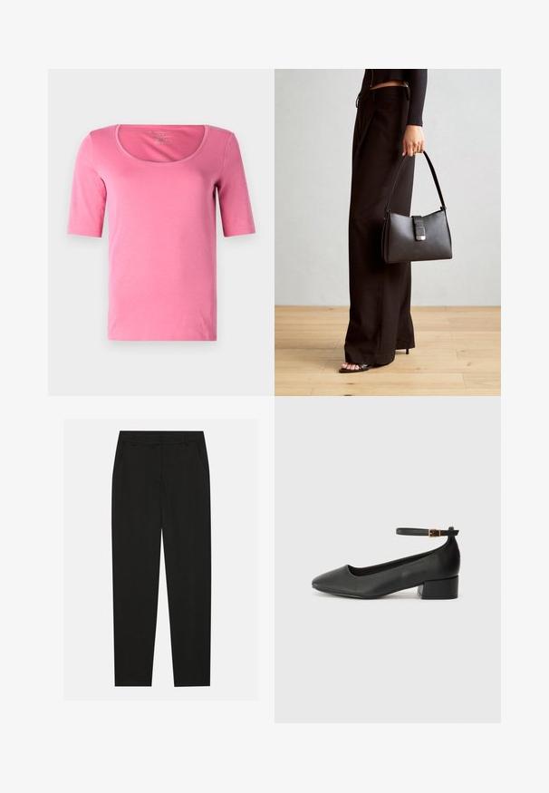 Roosa lühikeste varrukatega T-särk koos avara kaelusega ja sileda tekstuuriga, millel on kammitud lõige ning puuduvad nähtavad mustrid või aktsendid.; Mustad püksid, millel on kohandatud disain, küljetaskud ja sirge sääreosa. Valmistatud sileda, kerge kangaga, millel on peen viimistlus.; Must mustaapp, millel on terav nina ja madal blokk-kand. Omab pahkluu rihma koos kuldse tooni pandlaga. Sile tekstuur.; Must musta kott, millel on struktureeritud kuju, sile tekstuur ja metallist klamber. Kombineeritud laiate mustade pükstega ja avatud varvaste sandaalidega puidust põrandal.