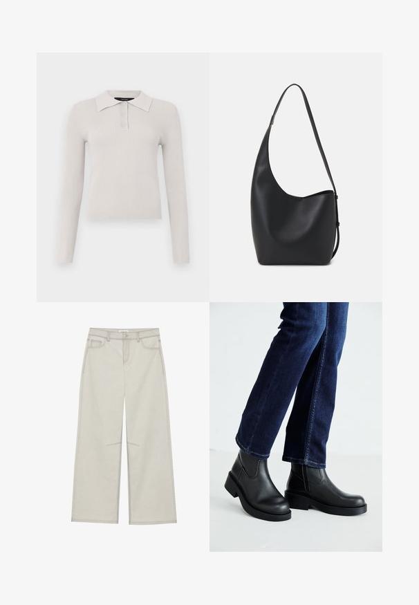 Polo à manches longues gris clair avec une texture côtelée, patte de boutonnage à deux boutons et col classique. Tissu doux avec une coupe ajustée.; Pantalons larges gris clair avec cinq poches, fermeture à bouton à l'avant et surpiqûres en contraste le long des coutures. Le tissu semble doux et durable.; Bottines en cuir noir avec une semelle épaisse et des panneaux élastiques sur les côtés, associées à un jean bleu foncé. Le sol est de couleur claire.; Sac hobo en cuir noir avec une texture lisse, une forme incurvée et une seule sangle réglable ; dispose d'une large ouverture en haut.