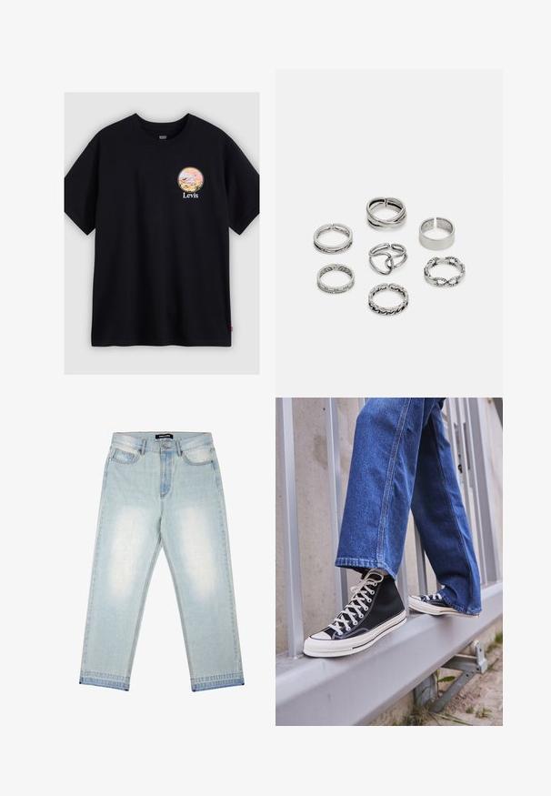 Must must-embleemiga must T-särk, millel on ümmargune graafiline disain pehmete värvidega, kujutades maastikku ja sõna "Levis" graafika all.; Pegador BARROW - Loose fit teksad - sand washed blue; Mustad mustade kõrgete tossudega, millel on valge tallaga ja valged paelad, koos vaba sinise denimidega, mis puhkavad hallil piiridel.; Seitsme hõbesõrmuse komplekt, millel on erinevad kujundid, sealhulgas keerdunud, seotud ja graveeritud mustrid. Erinevad kujundid ja laius.