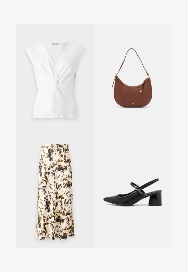 Weißes Oberteil mit einem gedrehten Frontdesign, kurzen Ärmeln und glatter Textur. Mit einem subtilen V-Ausschnitt und gerafftem Detail an der Taille.; Ein knielanger Rock aus einem leichten Stoff mit einem beige-, braun- und grünfarbigen abstrakten Muster. Verfügt über einen enganliegenden Taillenbund und ein fließendes Design.; Schwarze Lackleder-Slingback-Absätze mit spitzer Zehenform, einem runden Ausschnitt-Design und einem Blockabsatz. Mit einem goldfarbenen Schnallenakzent.; Braune Kunstleder-Schultertasche mit geschwungener Form, minimaler Naht und goldfarbener Hardware-Akzent. Verfügt über einen oberen Reißverschluss und einen verstellbaren Trageriemen.