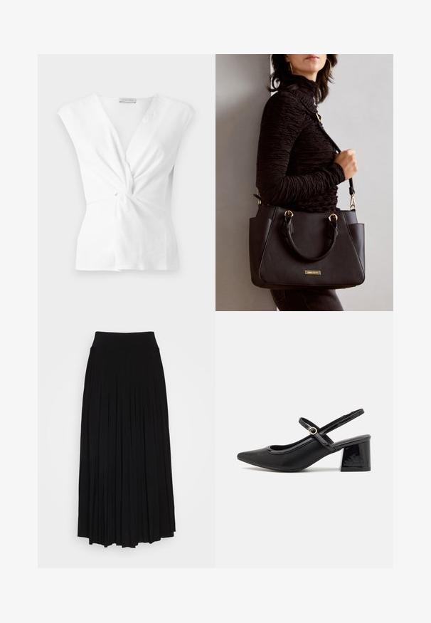 White top with a twist front design, cap sleeves, and smooth texture. Features a subtle V-neckline and gathered detail at the waist.; Black pleated skirt with a high, stretchy waistband. Made from soft fabric, featuring vertical pleats for a flowing silhouette.; Black patent leather slingback heels with a pointed toe, a rounded cutout design, and a block heel. Features a gold-tone buckle accent.; Black handbag with textured surface, dual top handles, and adjustable shoulder strap. Features gold-tone hardware and side pockets.