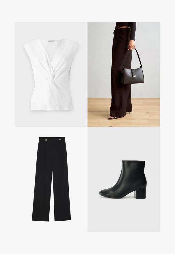 Vit topp med en vriden frontdesign, korta ärmar och en mjuk textur. Har en diskret V-ringning och plisserad detalj vid midjan.; Svarta vida byxor med hög midja, knäppdetaljer i midjan och framfickor.; Svarta läderankelstövlar med spetsig tå och kraftig klack. Slät textur med minimala accenter och en stilren, åtsittande design.; Svart handväska med strukturerad form, slät yta och metallspänne. Matchad med vida svarta byxor och sandaler med öppen tå på trägolv.