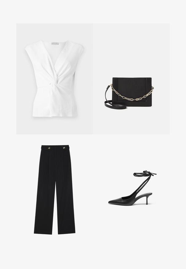 White top with a twist front design, cap sleeves, and smooth texture. Features a subtle V-neckline and gathered detail at the waist.; Black wide-leg trousers with high waist, button details on waistband, and front pleats.; Black leather stiletto shoe with a pointed toe, open back, and ankle straps tied in a bow. Slim 3-inch heel. Smooth texture, minimalist design.; Black leather crossbody bag featuring a smooth texture, rectangular shape, and a metallic chain detail on the front. Adjustable strap included.