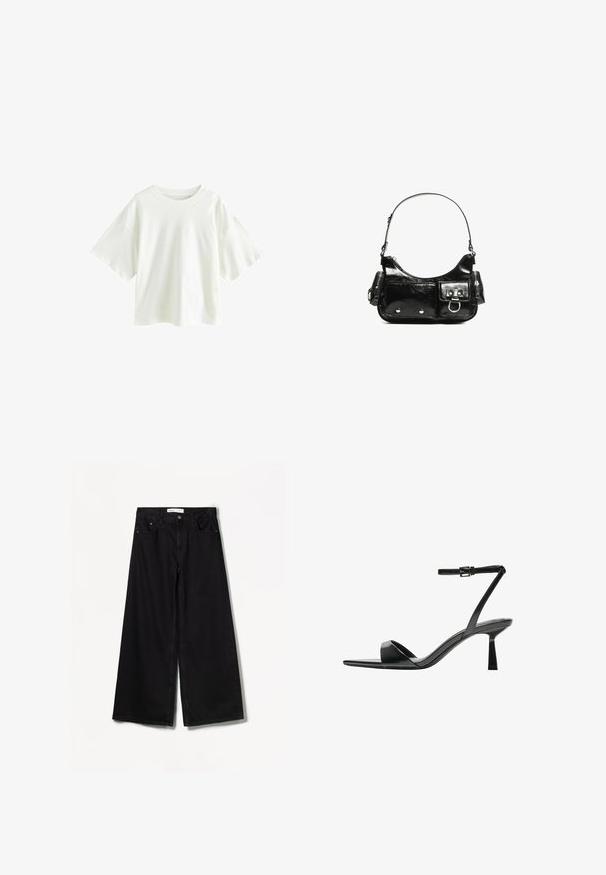 Lätt, kortärmad vit t-shirt i bomull. Har en avslappnad passform med rund halsringning och sänkta axelsömmar.; Bershka WIDE-LEG - Wide leg - black; Bershka Sandaletter - black; Svart lackläderhandväska med en rundad form, en axelrem, framfickor och detaljer i silverfärg.