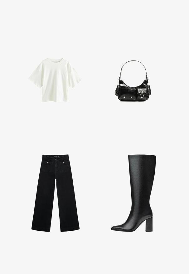 Ľahké biele tričko s krátkym rukávom vyrobené z bavlny. Má voľný strih s okrúhlym výstrihom a spadnutými ramennými švami.; Čierne široké nohavice s vysokým pásom, s dvoma prednými vreckami a kovovými detailmi na gombíku. Tkanina má hladkú textúru.; Čierne vysoké čižmy po kolená vyrobené z umelej kože, s špicatou špičkou, hladkým povrchom a robustným blokovým podpätkom. Minimalistický design bez viditeľných akcentov.; Čierna laková kožená kabelka s ohnutým tvarom, jedným ramenným popruhom, prednými vreckami a striebornými kovovými doplnkami.