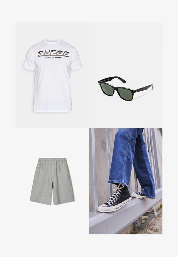 Witte t-shirt met korte mouwen van katoen, voorzien van een gedurfde zwarte en gouden "GUESS" logo en de tekst "SINCE 1981" over de borst.; Grijze katoenen shorts met een elastische tailleband, voorzien van zijzakken en een relaxte pasvorm. Soepele textuur en knielange stijl.; Zwarte hoge sneakers met witte zool en veters, gecombineerd met losse blauwe denim jeans, rustend op een grijze leuning.; Zwarte plastic zonnebril met groene lenzen, vierkante montuur, zilveren accent op de wenkbrauw en een gestructureerde tempel. Merken vermeld op de binnenkant van de arm.