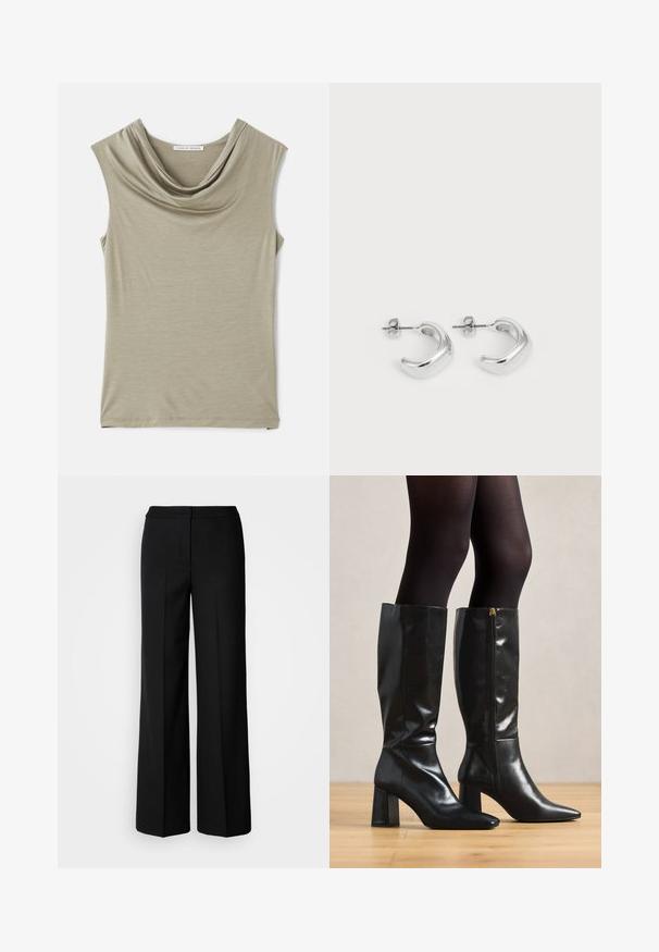 Šviesiai bežinis be rankovių palto apykaklės sijonas. Minkšta tekstūra, prigludęs dizainas, su lygiu drapiravimu apykaklėje ir tiesia apatine dalimi.; Juodos plačios kojų kelnės su lygia medžiaga, pasižyminčios aukštu liemeniu, pritaikytais siūlėmis ir minimalistiniu dizainu. Nėra matomų metalo detalių ar kišenių.; Juodų odinių batų iki kelių su blizgiu paviršiumi, smailia nosimi ir masyviu kulnu. Šone esanti užtrauktuko detalė, kad būtų lengviau užsidėti.; Sidabrinės auskarų kilpos su lygiu, blizgiu paviršiumi. Apvalios formos su šiek tiek išlenktu dizainu ir sumaišytomis briaunomis. Smeigtuko užsegimas.