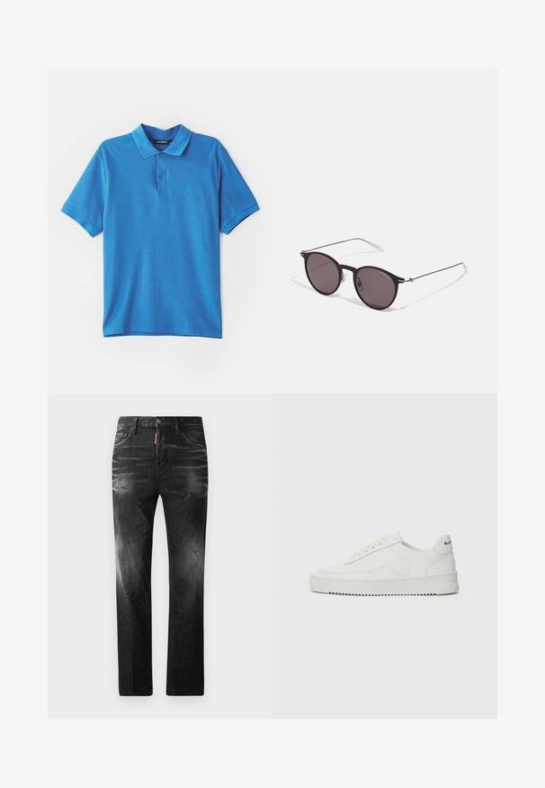 Camisa polo azul feita de um tecido macio. Apresenta um colarinho clássico, uma tapeta com três botões e um pequeno logotipo no peito.; Jeans de denim preto com um corte reto. Apresentam áreas desbotadas, ligeira degradação, design clássico de cinco bolsos e um fecho de botão.; Sapatilha de couro branco com acabamento suave, bico redondo, atacadores planos e uma sola texturizada. Apresenta um logotipo discreto no calcanhar.; Óculos de sol redondos pretos com lentes escuras e hastes metálicas finas. Inclui pontas de templo transparentes e detalhes em prata na dobradiça. Design minimalista.