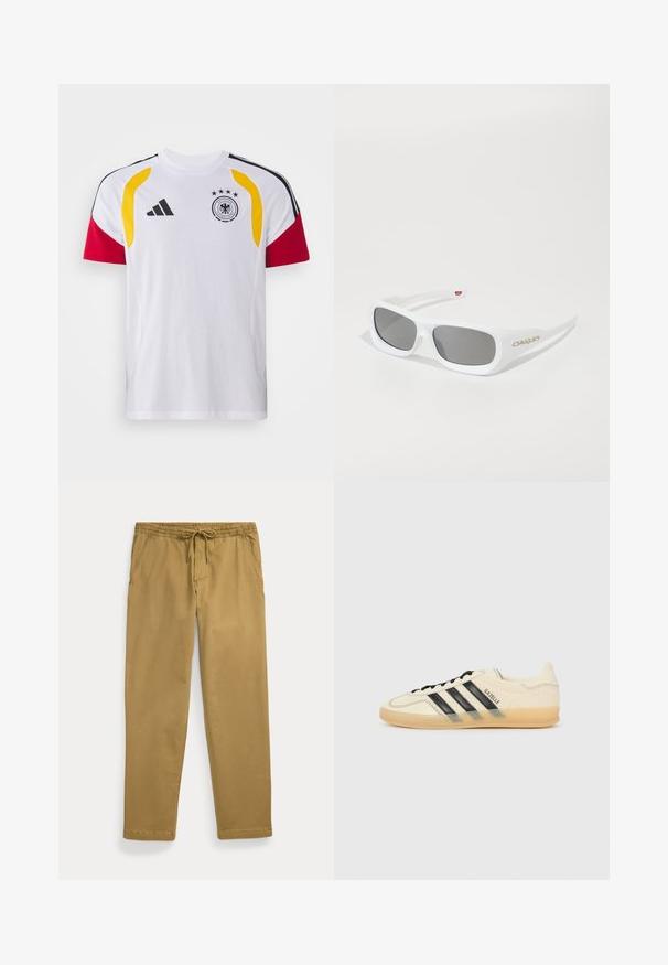 Bijela sportska majica s crnim, crvenim i žutim akcentima, s kratkim rukavima, okruglim izrezom i oznakom njemačke nogometne reprezentacije.; Kaki ravne hlače s elastičnim pojasom i prednjim vezicom, koje imaju koso prednje džepove i šivene rubove.; Svijetlosmeđi tenisice s crnim dizajnom tri pruga, teksturirana gornja strana, okrugli vrh i đon od gume. Ima vezice i brendiranje sa strane.; Bijele pravokutne Oakley sunčane naočale s tamnim staklima odmaraju se na bijeloj površini, logo vidljiv sa strane.
