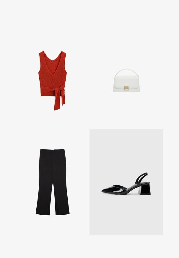 Red knitted tank top with a deep V-neck and a tied waist, featuring a textured surface and wide straps.; Black trousers with a straight fit, featuring front pockets and side slits at the hem. Made of soft, smooth fabric. Suitable for various occasions.; Black patent leather slingback heels with a pointed toe and a geometric block heel. Features a sleek, minimal design and smooth texture.; White leather handbag with a structured design, featuring a top handle and a gold-tone clasp. Smooth texture and minimalistic accents.