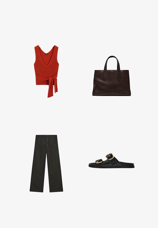 Czerwona dziana bluzka na ramiączkach z głębokim dekoltem w kształcie litery V i związanym w pasie, charakteryzująca się teksturowaną powierzchnią i szerokimi ramiączkami.; Szerokie czarne dżinsy z średnim stanem, z dwiema przednimi kieszeniami oraz czystym, minimalistycznym designem bez widocznych ozdób.; Czarne klapki z dwoma złotymi klamrami, gładki materiał, płaska podeszwa i minimalistyczny design.; Brązowa skórzana torba tote z dwoma wydłużonymi uchwytami, usztywnionym prostokątnym kształtem, gładką teksturą i subtelnymi detalami przeszycia.