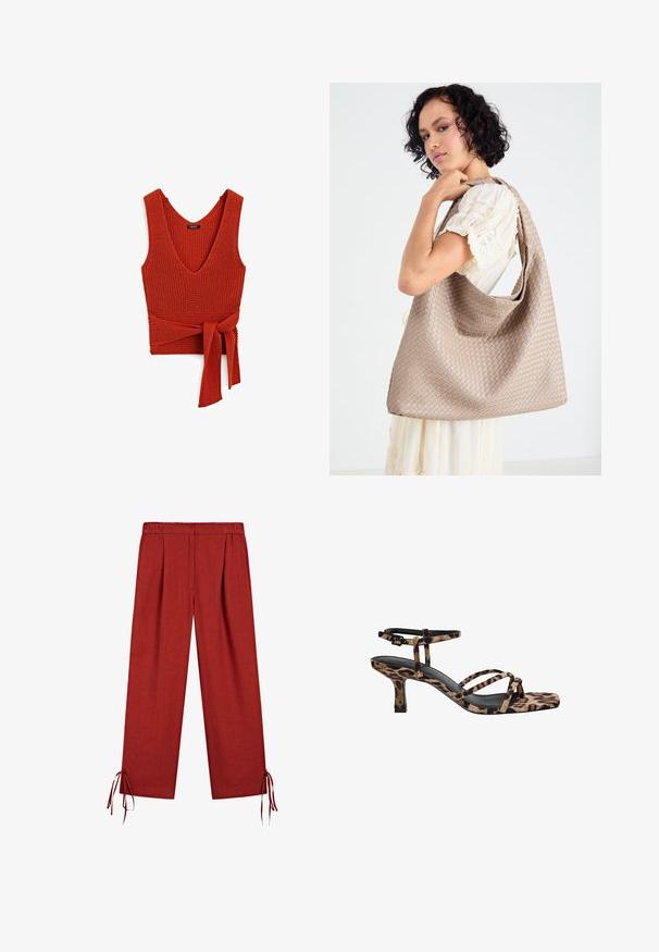 Rotes gestricktes Tanktop mit tiefem V-Ausschnitt und gebundenem Taillenbereich, ausgestattet mit einer strukturierten Oberfläche und breiten Trägern.; Rote weite Hosen mit elastischem Bund und Kordelzügen am Saum, aus leichtem Stoff gefertigt.; Leopardenmuster Absatzsandalen mit Quadratzehen, mehreren Riemen und einem mittelhohen Absatz. Hergestellt aus weichem Textilmaterial.; Beige Woven Tote Bag mit lässigem Design und einem einzelnen Schulterriemen. Verfügt über ein strukturiertes Muster auf der gesamten Oberfläche.