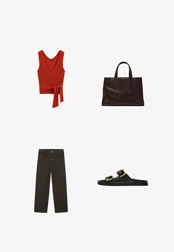 Czerwona dziana bluzka na ramiączkach z głębokim dekoltem w kształcie litery V i związanym w pasie, charakteryzująca się teksturowaną powierzchnią i szerokimi ramiączkami.; Ciemnozielone spodnie dżinsowe typu wide-leg wykonane z mieszanki bawełny, z zamkiem na guzik z przodu, pięcioma kieszeniami i klasycznym przeszyciem dżinsowym.; Czarne klapki z dwoma złotymi klamrami, gładki materiał, płaska podeszwa i minimalistyczny design.; Brązowa skórzana torba tote z dwoma wydłużonymi uchwytami, usztywnionym prostokątnym kształtem, gładką teksturą i subtelnymi detalami przeszycia.