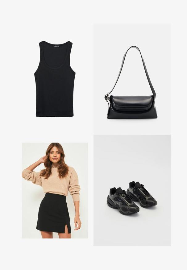 Musta puuvillainen hihaton paita, jossa on pyöreä kaula-aukko ja leveät olkaimet. Ominaisuuksiin kuuluu sileä pinta ja klassinen, istuva malli.; Beige neulepaita, jossa on röyhelöhiha, yhdistetty mustaan mini-hameeseen, jossa on sivuaukko. Asu on rento mutta kuitenkin hyvin istuva.; Musta urheilukengät, joissa on synteettistä materiaalia, verkkomäisiä yksityiskohtia ja pyöristetyt pohjat. Varustettu nauhakiinnityksellä ja näkyvällä Nike-logoilla kengän kielessä.; Musta nahkainen käsilaukku, jossa on jämäkkä muoto, sileä pinta ja yksi olkahihna. Sisältää hienovaraisen, pyöristetyn läppädesignin.; Hopeakotoinen Casio kvartsikello, jossa on suorakaiteen muotoinen kellotaulu, analoogiset ja digitaaliset näytöt, ruostumattomasta teräksestä valmistettu ranneke sekä vedenkestävyysominaisuudet.