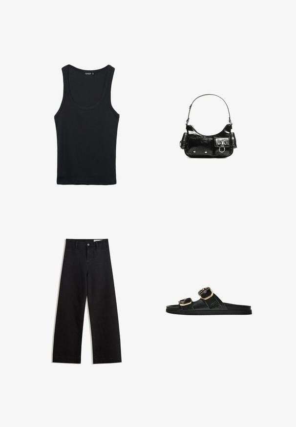 Black cotton tank top with a rounded neckline and wide shoulder straps. Features a smooth texture and a classic, fitted design.; Black wide-leg denim pants with a high waist, featuring front and back pockets, stitched seams, and a button closure. Smooth texture.; Black slide sandal with two gold buckle accents, smooth textured material, flat sole, and a minimalist design.; Black patent leather handbag with a curved shape, one shoulder strap, front pockets, and silver-tone hardware accents.