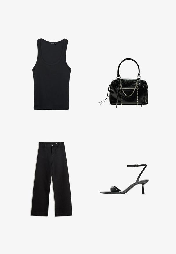 Black cotton tank top with a rounded neckline and wide shoulder straps. Features a smooth texture and a classic, fitted design.; Black wide-leg denim pants with a high waist, featuring front and back pockets, stitched seams, and a button closure. Smooth texture.; Bershka High heeled sandals - black; Bershka WITH CHAIN - Handbag - black
