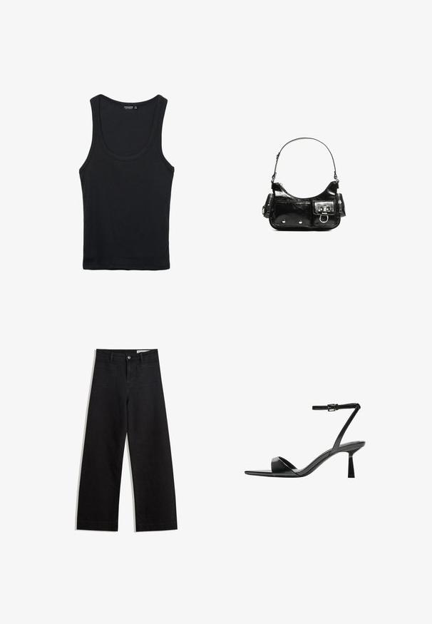 Crni pamučni top bez rukava s okruglim izrezom i širokim naramenicama. Ima glatku teksturu i klasičan, uski dizajn.; Crne široke traperice s visokim strukom, s prednjim i stražnjim džepovima, šivenim šavovima i kopčanjem na gumb. Glatka tekstura.; Bershka Sandale s visokom petom - black; Crna patentna kožna torba s zakrivljenim oblikom, jednim remenom za rame, prednjim džepovima i akcentima od srebrnog tona.