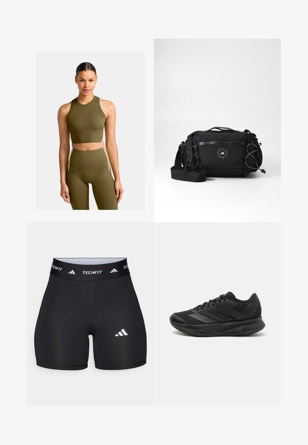 On MOVEMENT CROP - Top - hunter; Black shorts made from stretchy fabric with a fitted design. Features a wide black waistband labeled "TECHFIT" and a white logo on the leg.; Black running shoe with a breathable mesh upper, rounded toe, sleek design, textured accents, and a cushioned sole for comfort.; Black nylon crossbody bag with adjustable strap, textured surface, zip pockets, and bungee cord detailing. Logo printed on the front.