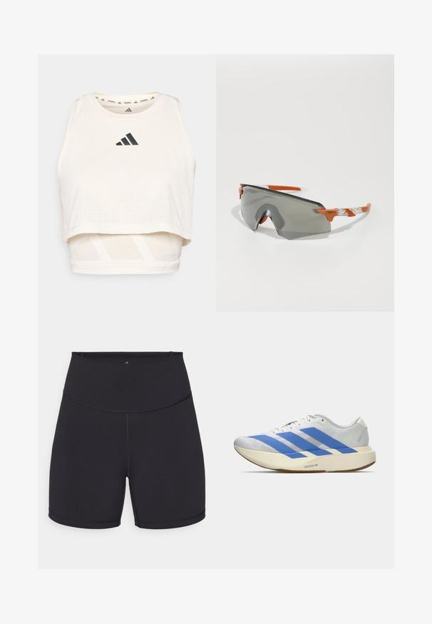 White athletic crop tank top made from breathable fabric. Features a round neckline, perforated texture, and a black logo on the front.; Black athletic shorts made of stretchy fabric. Features a high waistband and smooth seams. Suitable for active wear and exercise.; White athletic shoe with blue stripes, textured upper, flat sole, and "LIGHTSTRIKE PRO" branding on the side. Low-profile design.; Sport sunglasses with a gray lens, orange accents, and patterned white arms. Designed for performance with a wraparound shape.