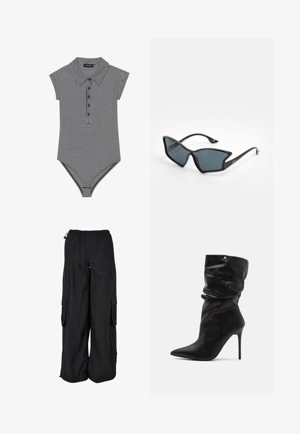 Čierno-biely pruhovaný body s golierom, krátkymi rukávmi a zapínaním na päť gombíkov. Hladká úpletová textúra.; Čierne cargo nohavice s elastickým pásom, voľný strih, ľahký materiál, bočné vrecká a jemne textúrovaný povrch.; Even&Odd Wide Fit Členkové čižmy na vysokom opätku - black; Čierne plastové slnečné okuliare s geometrijským tvarom mačacích očí, šedé šošovky a zlaté akcenty na ramenách. Hladká textúra po celom ráme.; Čierna syntetická kožená kabelka s zakriveným dizajnom, so zipsom v prednej kapse a dekoratívnym kovovým príslušenstvom, vrátane odnímateľnej okrúhlej peňaženky.