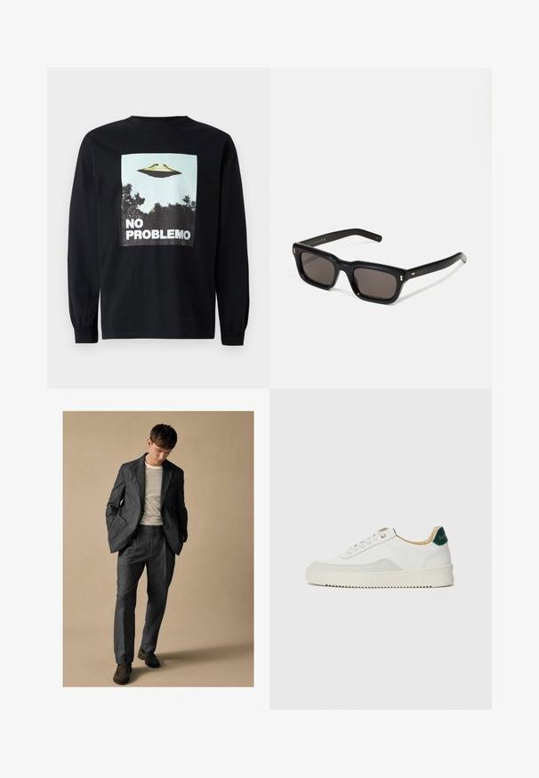 Juodas ilgomis rankovėmis marškinėliai su grafika, vaizduojančia skraidantį lėkštės virš medžių, ir tekstu "NO PROBLEMO" ryškiais baltais rašmenimis.; Pilkas pritaikytas kostiumas su įpjovomis apykaklėmis ir priekinėmis kišenėmis, derinamas su dryžuotu marškiniais. Kelnės turi laisvą siluetą ir raukšlėtą detalizavimą. Rudos bateliai.; Baltos sportbačiai su zomšos akcentais, apvaliu nosiu, plokščiais raišteliais ir kreminės spalvos guminiu padu. Ant kulno yra žalia ženklinimo detalė.; Juodos stačiakampės akinių nuo saulės su tamsiais objektyvais, storu plastiko rėmu, auksinėmis detalėmis ant šventyklų ir prekės ženklo logotipu išgraviruotu ant šono.; Juodas odinis per petį nešiojamas krepšys su užtrauktuku ant priekio, iškilminiu logotipu ir reguliuojama juosta. Lygi tekstūra su struktūrizuota forma.