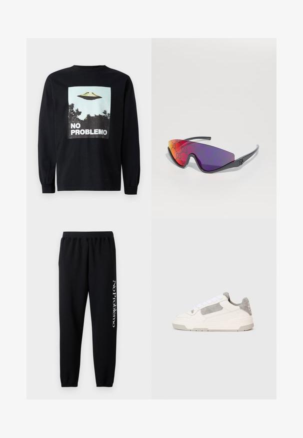 Must musta-särk, millel on grafika lendava taldriku ja puude kohal ning tekst "NO PROBLEMO" julgete valgete tähtedega.; Mustad mustad, millel on elastne vöökoht, kitsenevad pahkluud ja valge "No Problemo" tekst trükitud vasakule jalale. Pehme puuvillane materjal.; Valge ja heledashall madalate tossude paar, millel on valged rihmad ja nahktooted, näidatud külgedelt ühevärvilisel heledal taustal.; Mustekad mustas raamiga, lilla-kollase gradientiga läätsed, millel on roheline korduv logo muster. Nurgeline disain ja õhukesed varred.