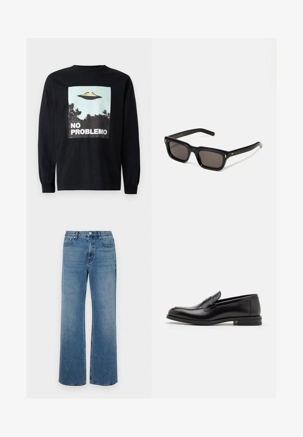Juodas ilgomis rankovėmis marškinėliai su grafika, vaizduojančia skraidantį lėkštės virš medžių, ir tekstu "NO PROBLEMO" ryškiais baltais rašmenimis.; Platus blaujos džinsai, pagaminti iš dėvėtos džinsinio audinio. Sukurtas su penkiomis kišenėmis, priekiniais sagčių uždarymu ir tiesiu kirpimu.; Juodos odinės loafers, turinčios lygų paviršių, apvalią noselę ir dekoratyvinę juostą per priekinę dalį. Žemas krentantis kulnas, minimalistinis dizainas.; Juodos stačiakampės akinių nuo saulės su tamsiais objektyvais, storu plastiko rėmu, auksinėmis detalėmis ant šventyklų ir prekės ženklo logotipu išgraviruotu ant šono.