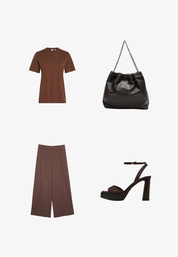 Braunes Baumwoll-T-Shirt mit kurzen Ärmeln, rundem Ausschnitt und dezentem O'Neill-Logo, das auf der Brust gestickt ist. Weiche Textur, lässige Passform.; Braune Weite-Leg-Hosen mit einer glatten Textur, hoher Taille und Vorderfalten. Der Stoff ist leicht und fällt locker.; Braune Wildleder-Pumps mit offenem Zeh, verstellbarem Knöchelriemen und gestreiftem Plateausohlen.; Braune Lederhandtasche mit gerafftem Oberteil und Kettenriemen. Glatte Textur mit glänzendem Finish und subtilen Nahtdetails an den Seiten.