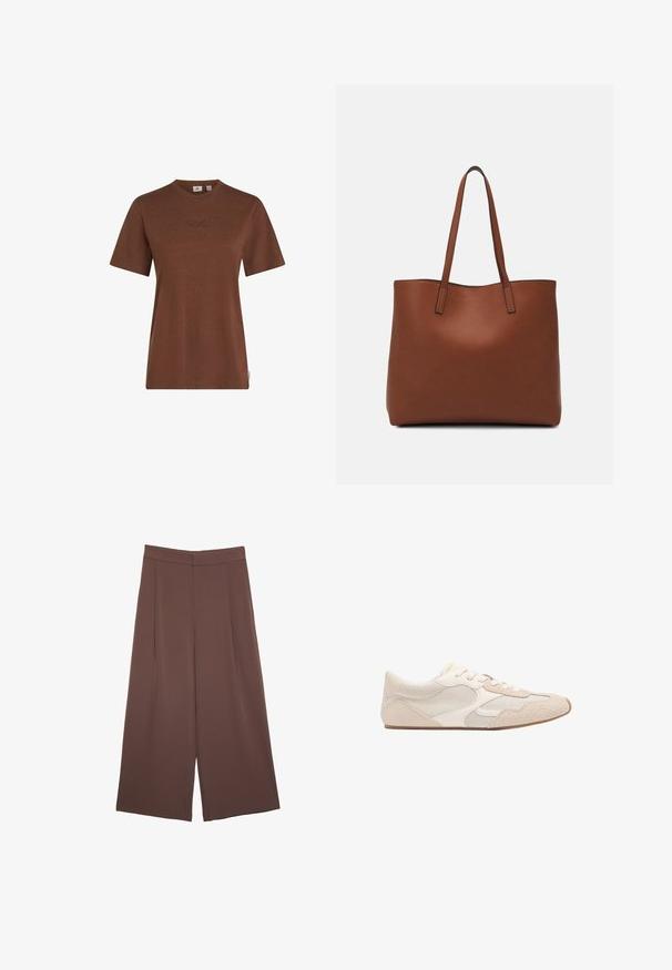 Brun bomull t-shirt med korta ärmar, rund halsringning och subtil O'Neill-logotyp broderad på bröstet. Slät textur, avslappnad passform.; Bruna vida byxor med en slät textur, som har hög midja och framfickor. Tyget är lätt och flödar löst.; Beige träningsskor med en blandning av nät och mockamaterial, rundad tå och snörning. Texturerade detaljer på ovandelen förbättrar greppet.; Brun läder tote-väska med en slät textur, öppen toppdesign och två axelremmar. Har minimal söm och ingen synlig metalldetalj.