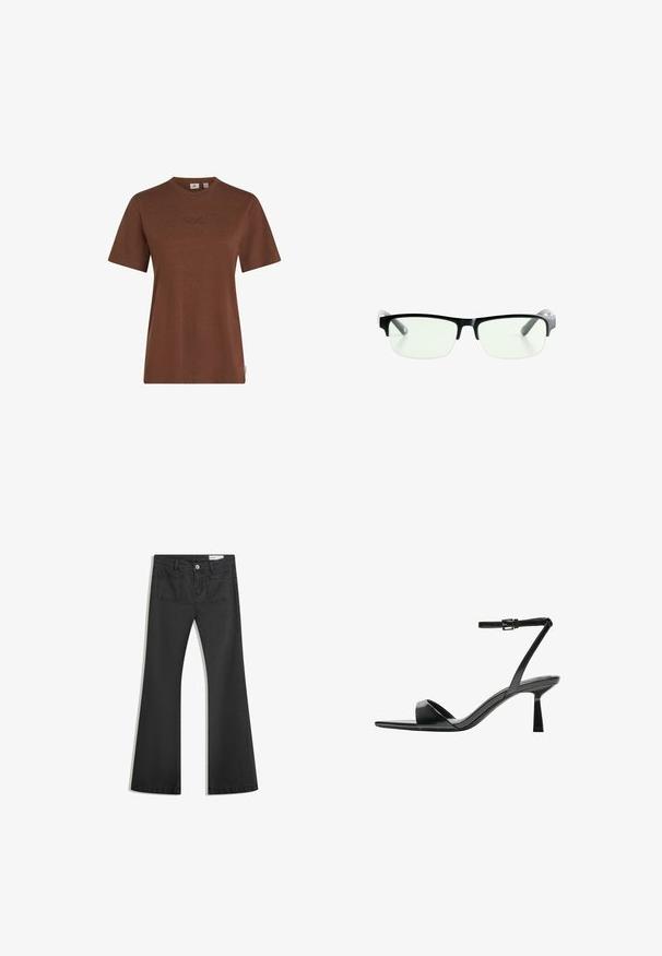 T-shirt en coton marron à manches courtes, col rond, avec un logo O'Neill subtilement brodé sur la poitrine. Texture lisse, coupe décontractée.; Jean noir évasé en denim avec une texture lisse, comportant deux poches arrière et une fermeture boutonnée à la taille.; Bershka Sandales à talons hauts - black; Lunettes noires rectangulaires avec des verres transparents, présentant des montures noires élégantes et des embouts de branches transparents gris. Design minimaliste, sans marquage visible.