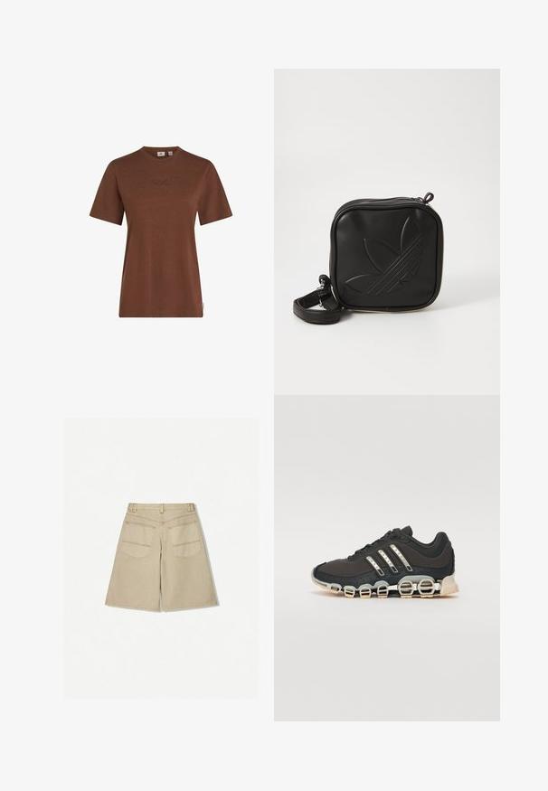 Brązowa koszulka bawełniana z krótkim rękawem, okrągłym dekoltem i subtelnym haftowanym logo O'Neill na piersi. Gładka tekstura, swobodny krój.; Beżowe szorty o luźnym kroju, wykonane z denimu. Posiadają dwie tylne kieszenie oraz kontrastowe pomarańczowe szwy. Dół sięga poniżej kolana.; Czarne sportowe buty z teksturowaną cholewką, trzema srebrnymi paskami i charakterystyczną podeszwą z amortyzacją, składającą się z wielu zintegrowanych sekcji.; Czarna torba na ramię wykonana z teksturowanego materiału syntetycznego. Posiada wytłoczone logo oraz regulowany pasek. Zamek błyskawiczny.