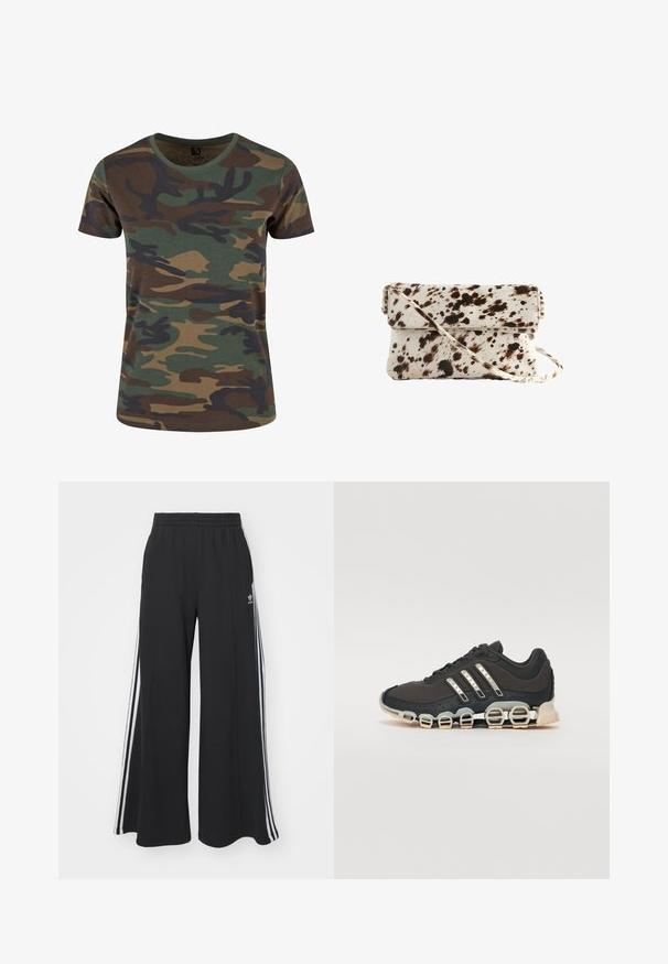 Brandit Tricou cu imprimeu - woodland; Pantaloni de trening negri cu croială largă, prevăzuți cu un brâu elastic, având dungi laterale albe și un logo brodat pe coapsa stângă.; Pantof cu aspect sport de culoare neagră, cu un superior texturat, trei dungi argintii și o talpă de amortizare distinctivă, ce prezintă multiple secțiuni integrate.; Geantă din piele de vacă cu o bază crem și pete maro închise, de formă rectangulară, cu capac pliabil și curea de umăr detașabilă.