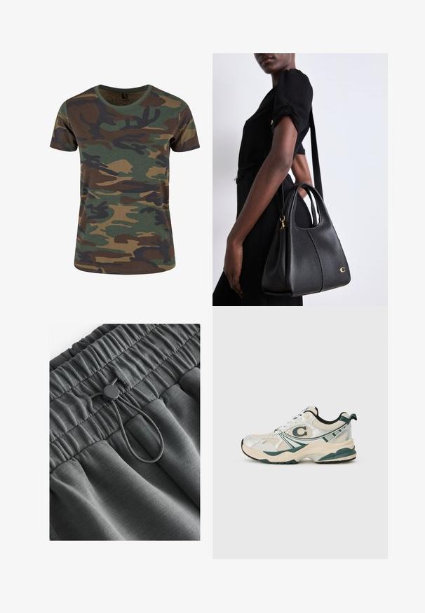 Brandit Trükipildiga T-särk - woodland; Kivihallid spordilühikesed püksid, mis on valmistatud pehmest kangast, omavad volditud vöökohta ja reguleeritavat paelaga lukku ümmarguse detailiga.; Valged tennisecad, millel on rohelised aktsendid, võrgusilmast ja sünteetilisest materjalist pealne, paks tald ning ümar varvas koos silmapaistva logodetailiga küljel.; Mustmustest mustkott, millel on hobo kuju, sujuva tekstuuriga, ümar ülaosa ja kuldsete detailidega.